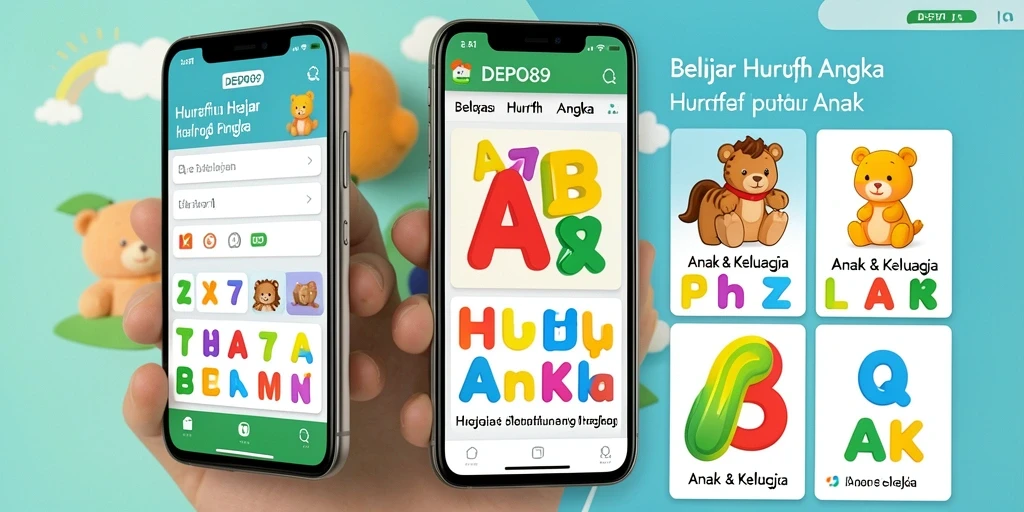 Tampilan interaktif aplikasi DEPO89 untuk belajar huruf dan angka.