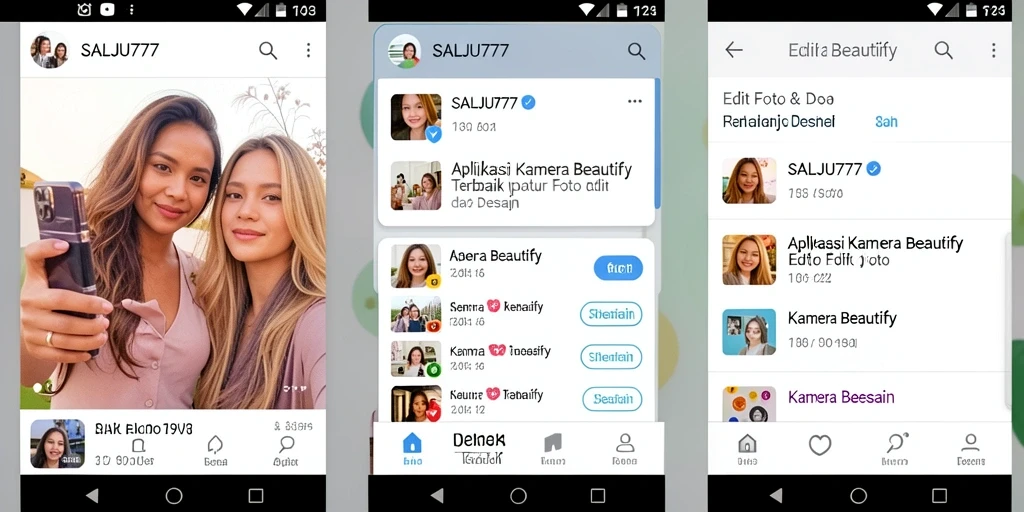 Tampilan antarmuka aplikasi SALJU777 dengan fitur Kamera Beautify yang menarik.