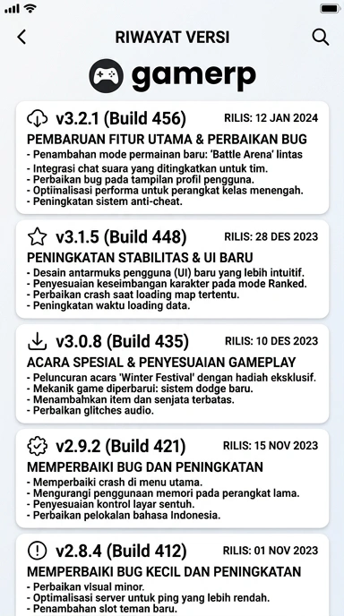 Tampilan riwayat versi gamerp